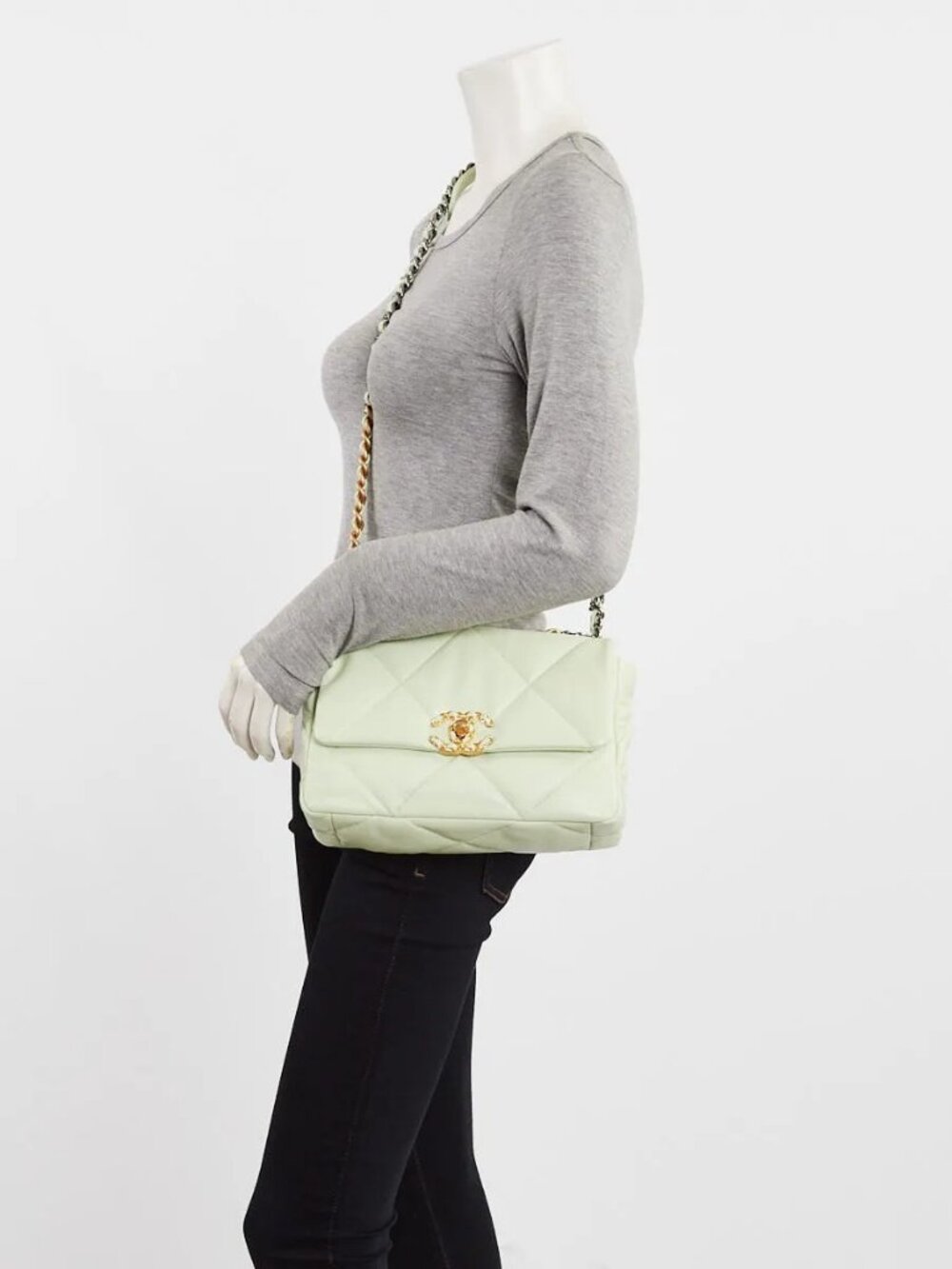 Chanel Light Green Quilted Lambskin Leather Small Chanel 19 Flap Bag